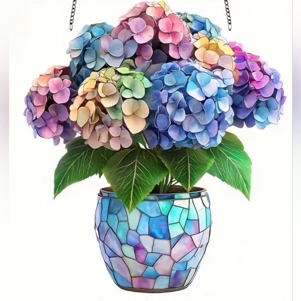 2D Flat Acrylic Hydrangeas In Mosaic Tile Vase Suncatcher